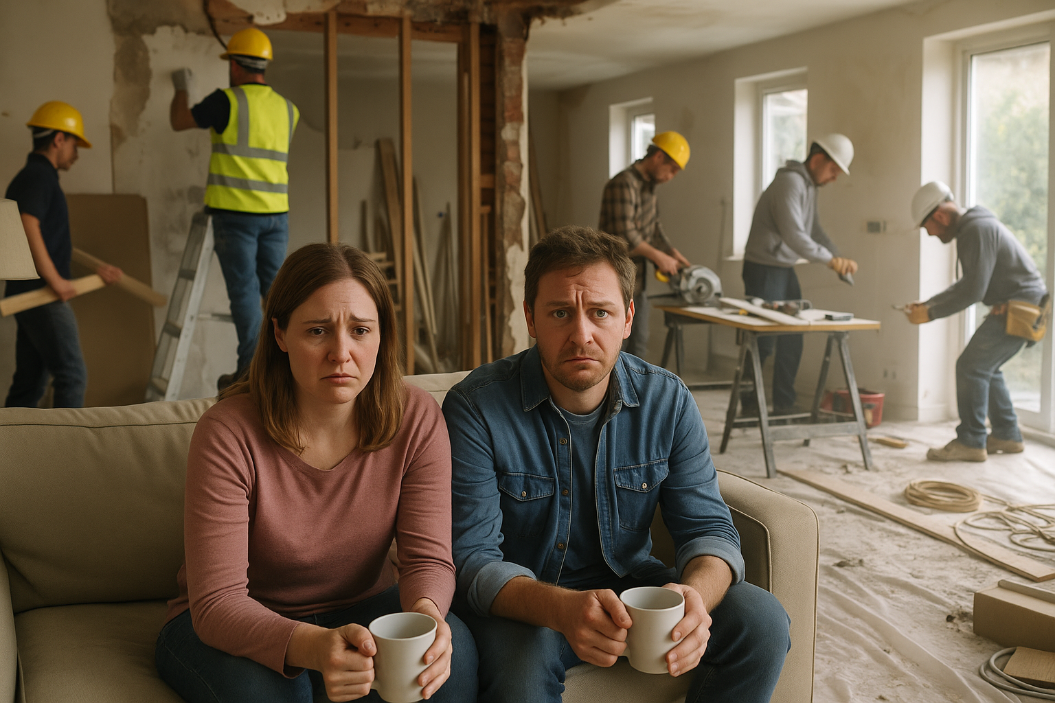 A stressed couple sits on a couch holding mugs in a home under renovation, while several construction workers in the background wear safety gear and carry out various building tasks. The room is messy, with tools, dust, and building materials scattered ar