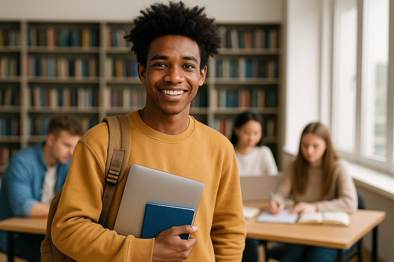 Étudiant international étudiant dans une bibliothèque d’université russe avec un ordinateur portable