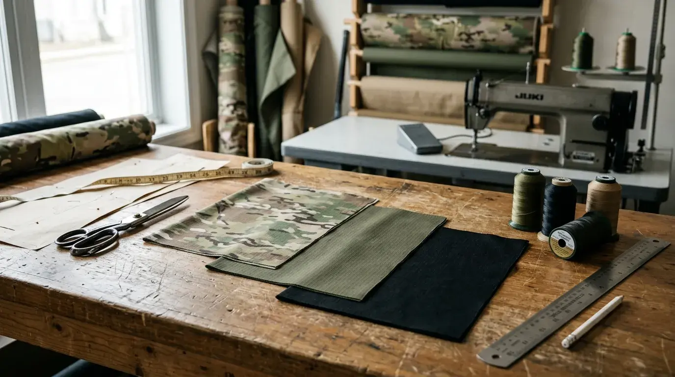 Образцы ткани NYCO 50/50 в расцветках multicam, olive и black на рабочем столе в текстильной мастерской с акцентом на rip-stop фактуру и применение материала