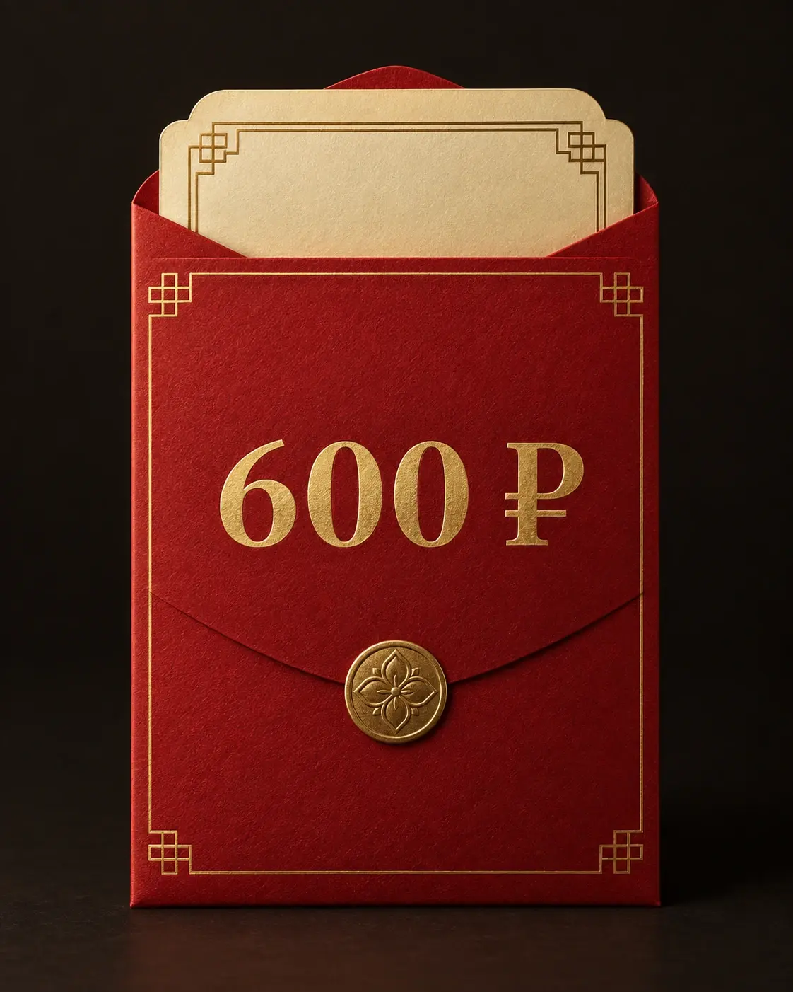 Красный подарочный конверт с надписью 600 ₽