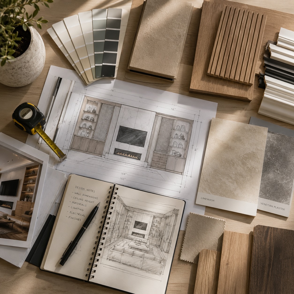 Architectural drawings, material samples, and finish selections illustrating the factors that influence accent wall pricing in Denver.