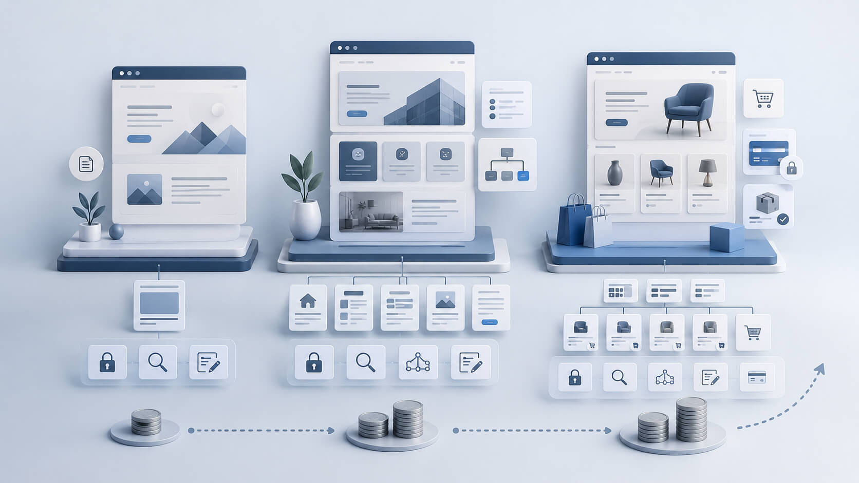 Abstract website upgrade pricing concept showing one-page website multi-page website and e-commerce website options in a clean blue-grey style