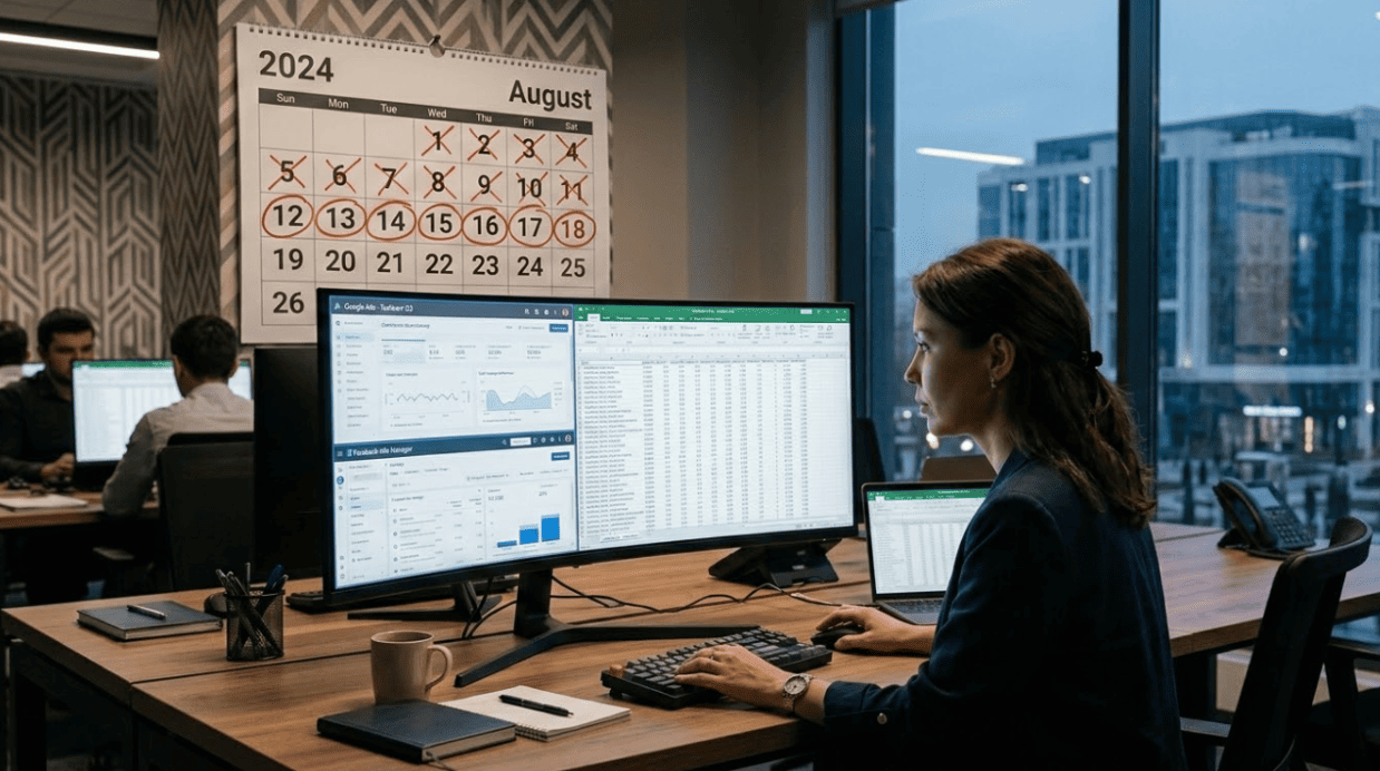 A Tashkent office showing a media buyer manually adjusting campaigns across multiple ad platforms on the left versus a Minora AI Optimization Agent dashboard logging autonomous budget reallocation events by minute on the right, illustrating the velocity difference in manual vs AI campaign optimization.