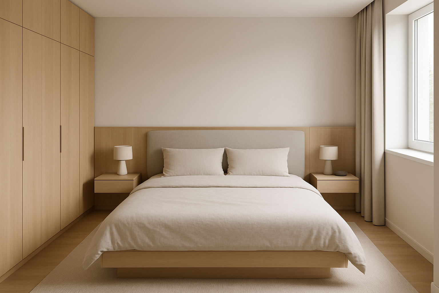 Интерьер спальни со встроенным шкафом и подвесными тумбами