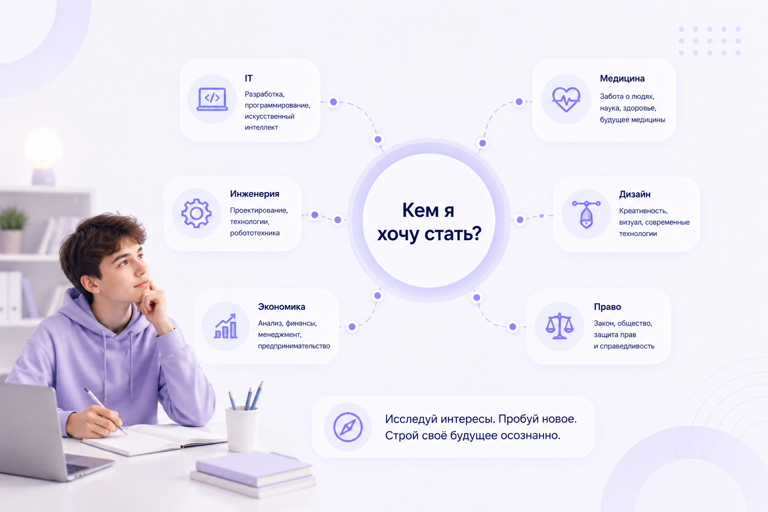 Как выбрать будущую профессию школьнику: профориентация подростка, исследование интересов и выбор направления обучения в IT, инженерии, экономике, медицине, дизайне или праве