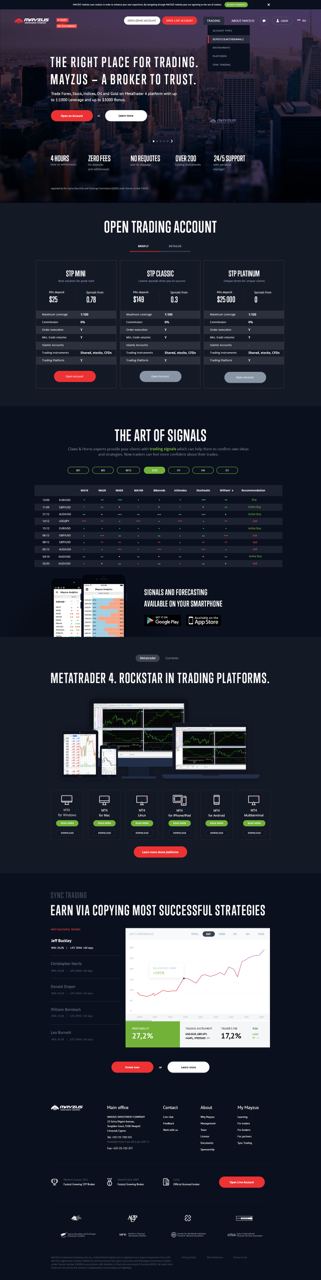 Trading platform long landing page with account packages