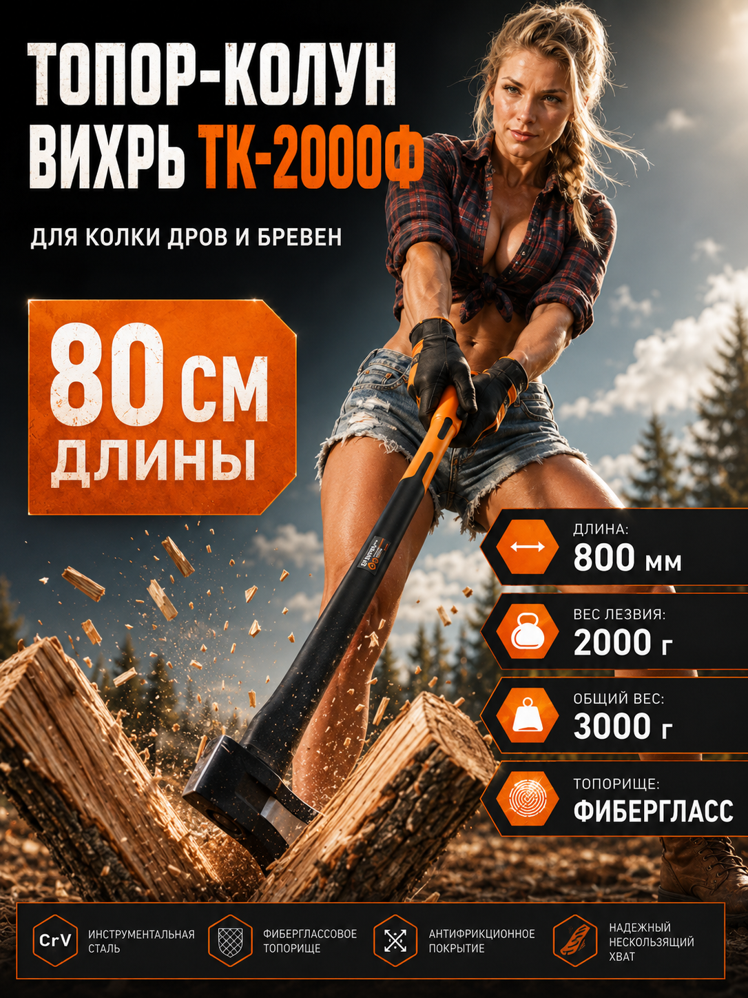 Продающая карточка топора-колуна Вихрь с современной инфографикой для размещения и продвижения товара на маркетплейсе