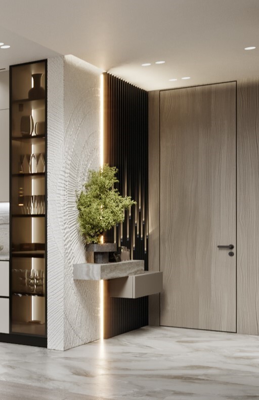 Дизайн интерьера холла в минималистичном стиле, с использованием натуральных оттенков