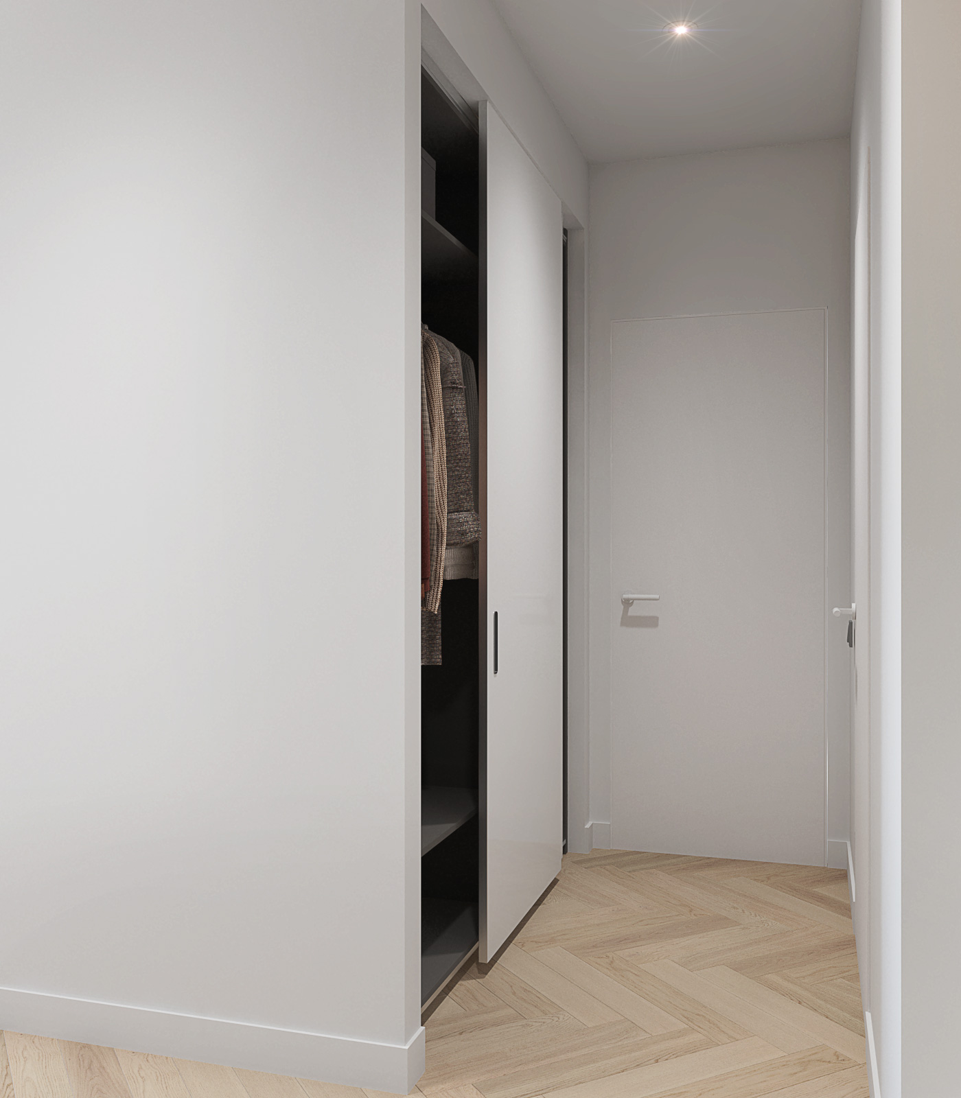 Шкаф в прихожей с раздвижными дверьми белого цвета. Хранение стиральной машины. Двери под покраску белые.