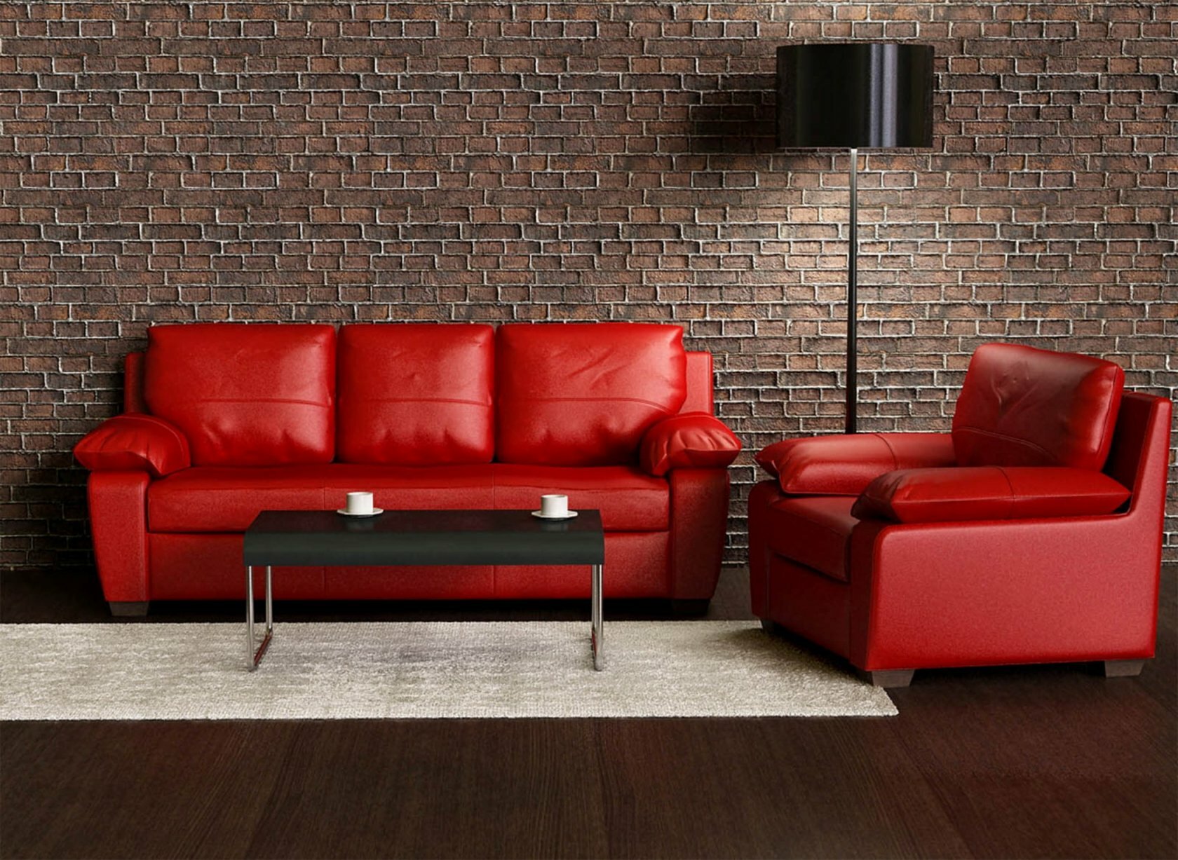 Красный кожаный диван в лофт интерьере