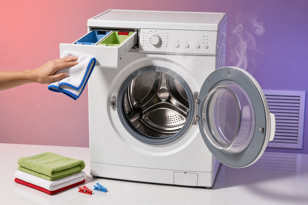 clean washing machine drum with steam rising slightly, detergent drawer open and being wiped with a cloth, towel and ventilation visible
