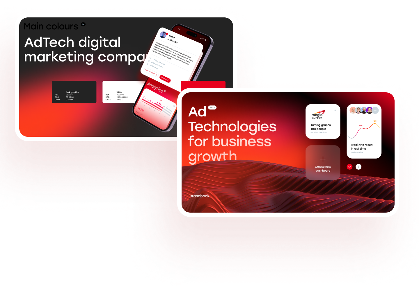 Слайды из брендбука для компании "Media Surfer"