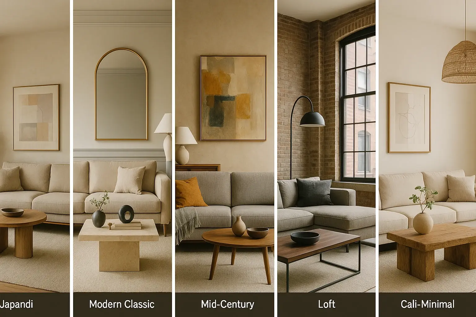 Коллаж стилей 2026: Japandi, Modern Classic, Mid‑Century, Loft, Cali‑Minimal