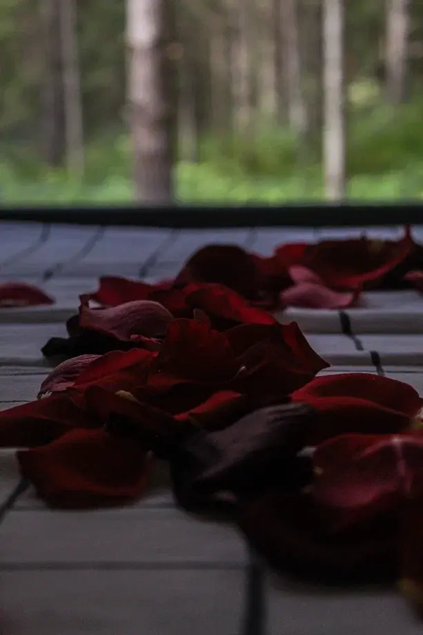Романтическое украшение домика лепестками роз и свечами в глэмпинге Тишина — услуга для двоих с атмосферой романтики в лесу недалеко от Перми