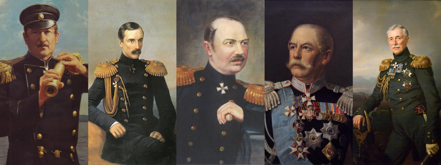 Слева направо: П. Нахимов, В. Корнилов, В. Истомин, Тотлебен, А. Меньшиков