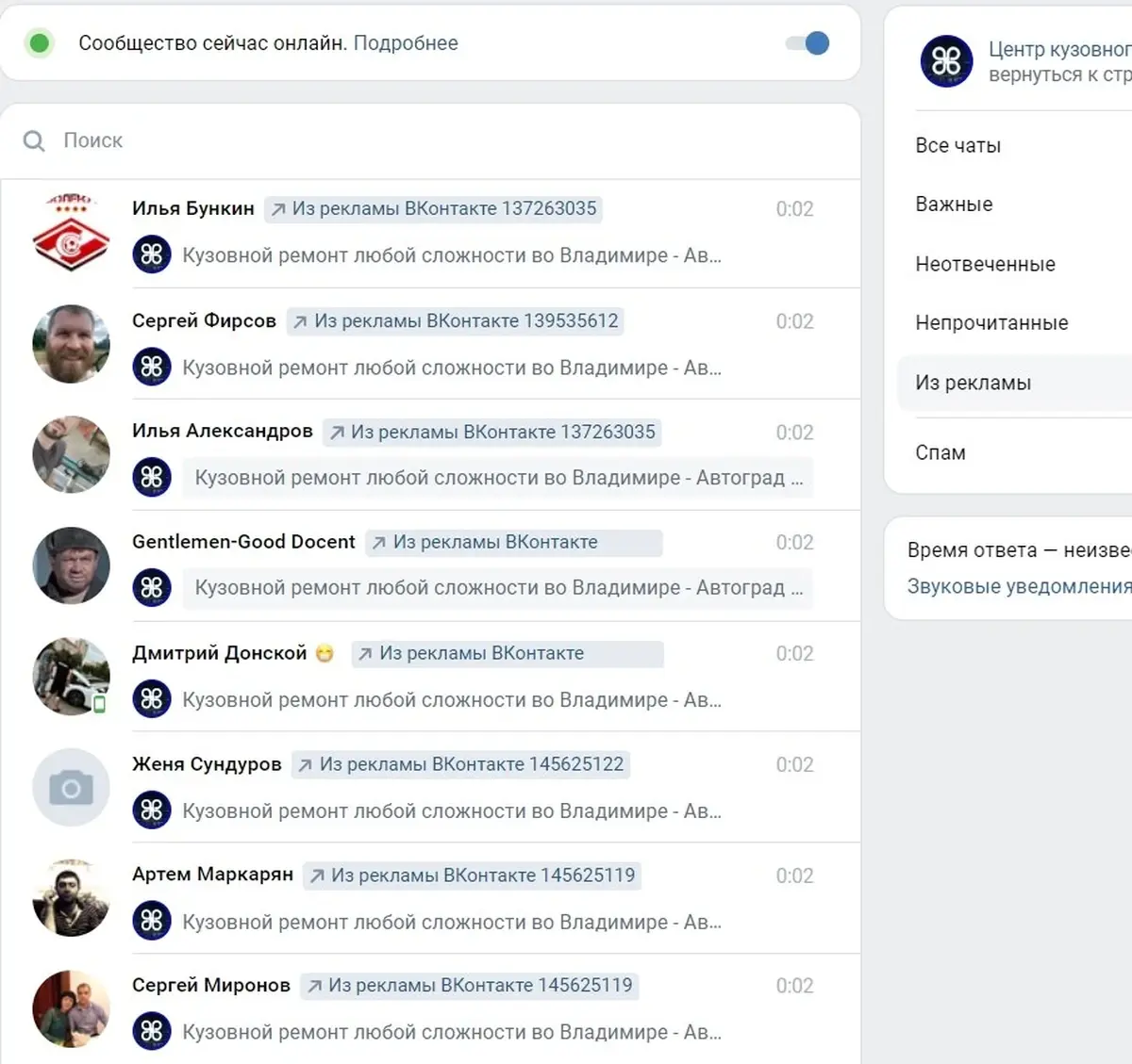 Сообщения из рекламы ВКонтакте — поток заявок
