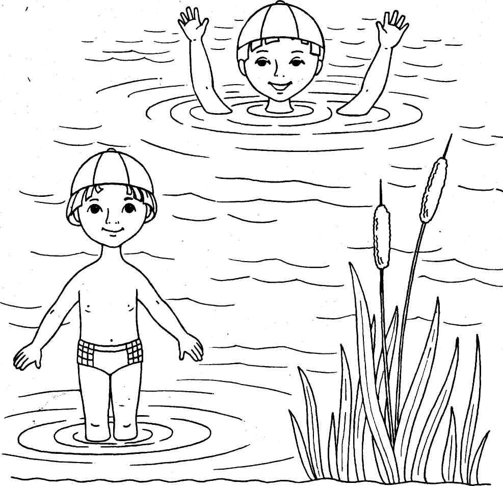 Раскраска дети купаются в реке
