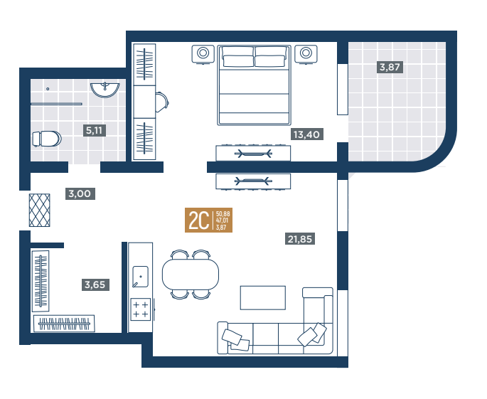 Планировка 2-комнатная 50.88 м²