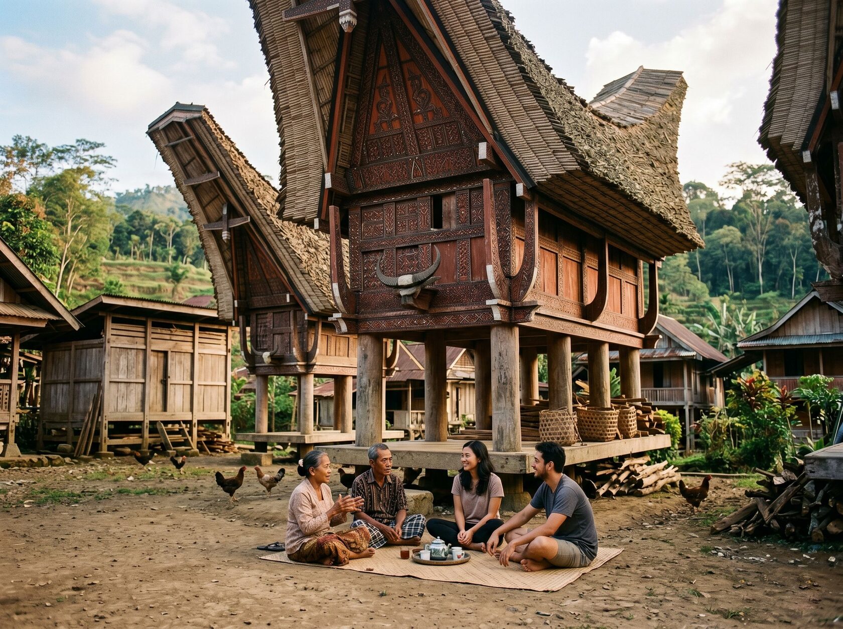 Kehidupan keluarga di sekitar rumah adat Toraja Tongkonan