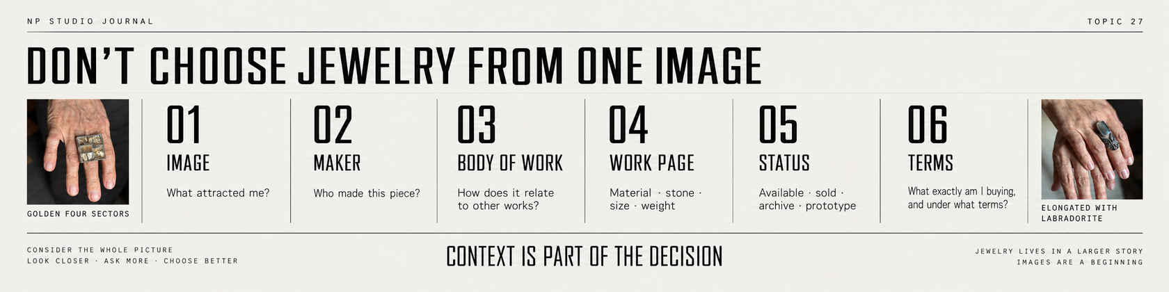 Don't choose jewelry from one image: maker, body of work, work page, status and terms