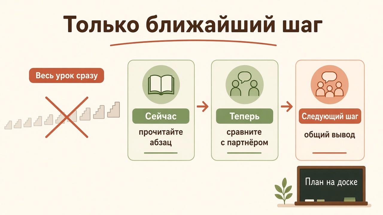 Длинная цепочка всего урока зачёркнута, рядом три шага: сейчас, теперь, следующий шаг, и план на доске