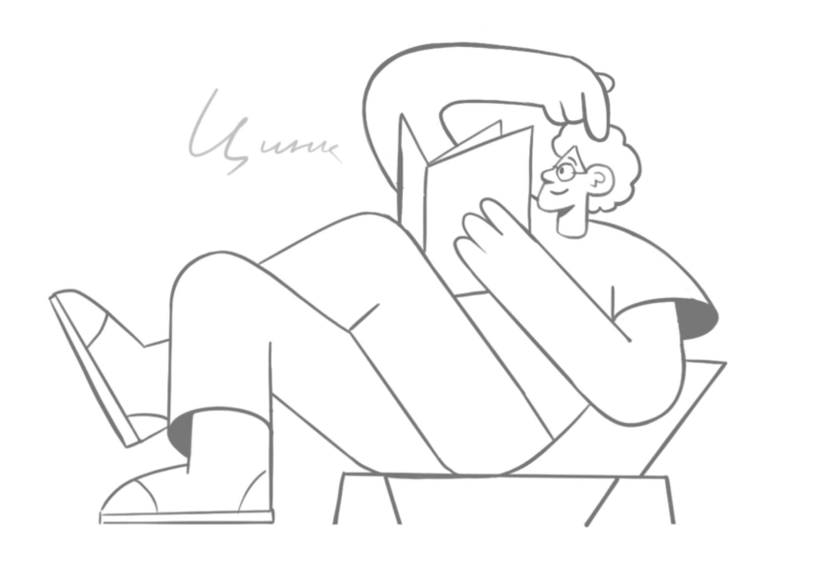 Цветная иллюстрация – Молодой человек с рыжими волосами в зеленой футболке и желтых штанах расслабленно читает книгу, лежа в кресле. Современная минималистичная векторная иллюстрация