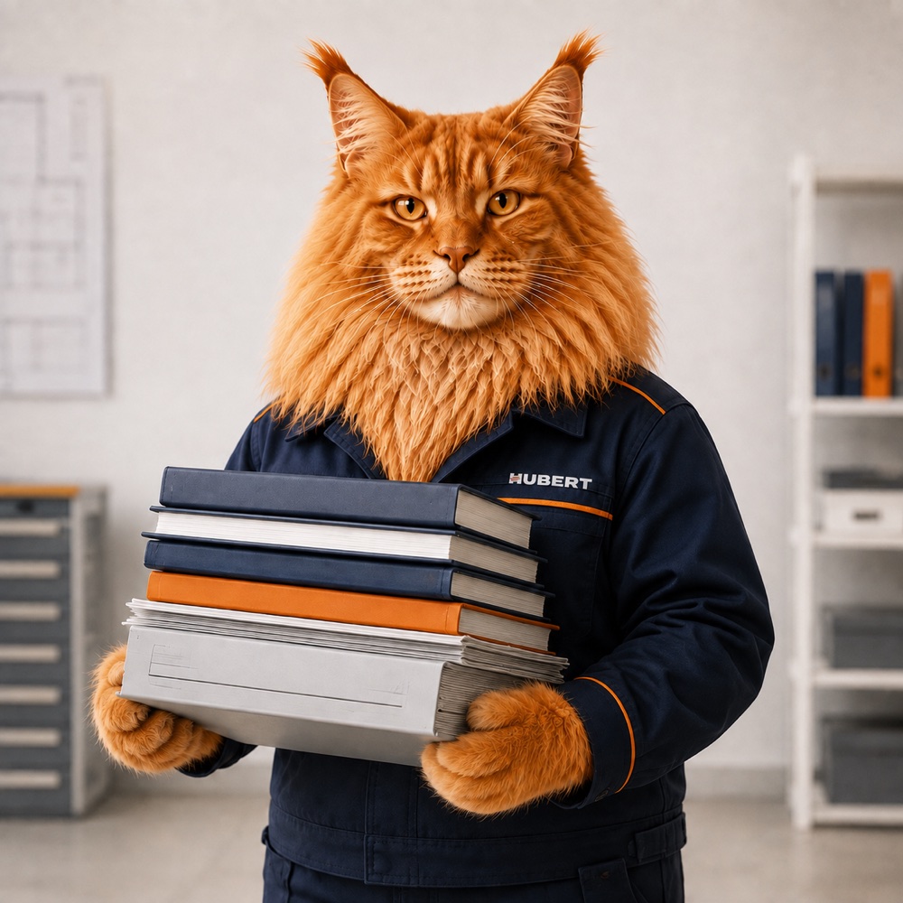 Маскот Берт в форме HUBERT держит книги и технические материалы
