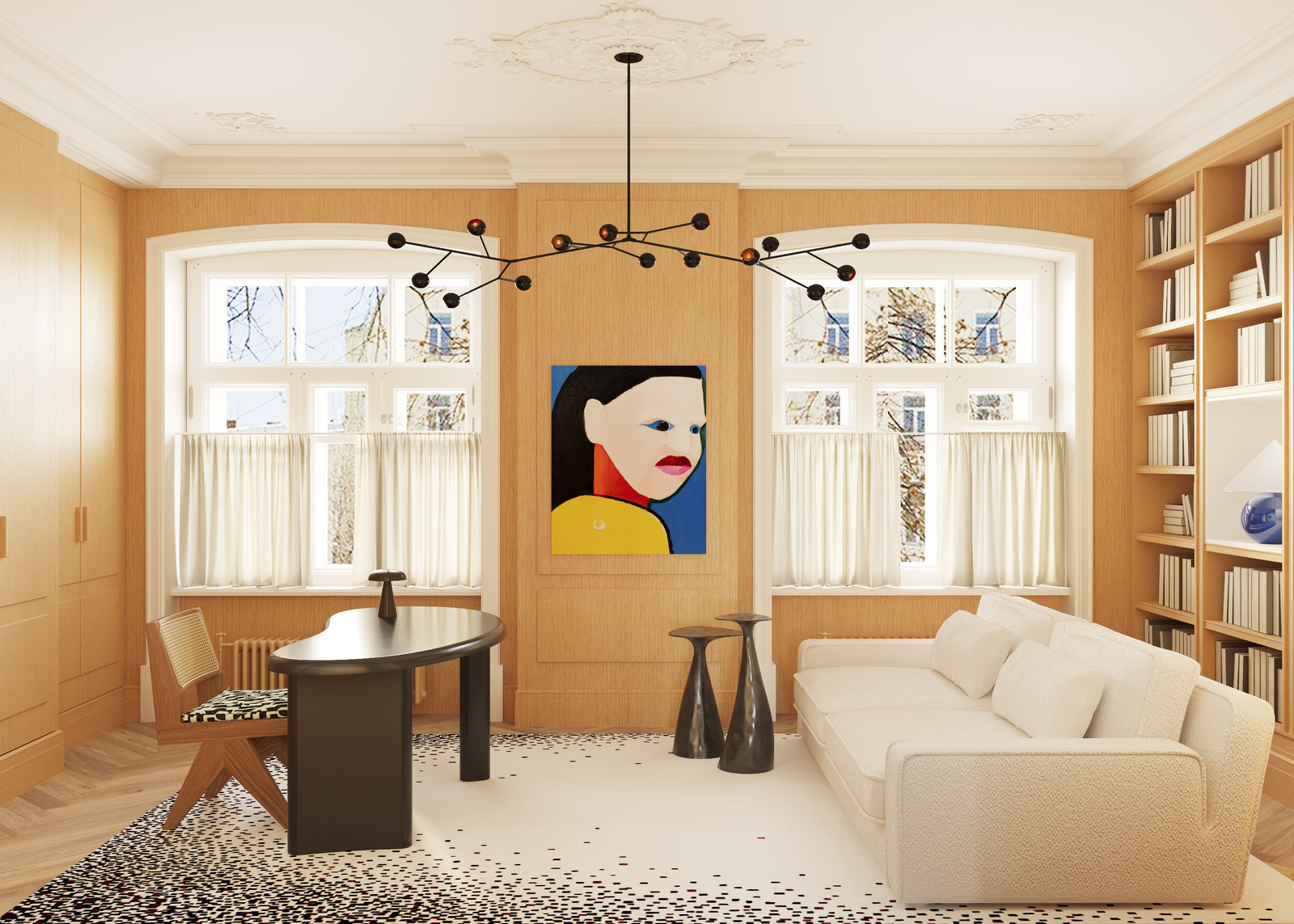 Светильник Pouenat, стол и стул Cassina, диван Meridiani, ковёр Atelier Fevrier в кабинете дизайн-проекта Екатерины Фёдоровой