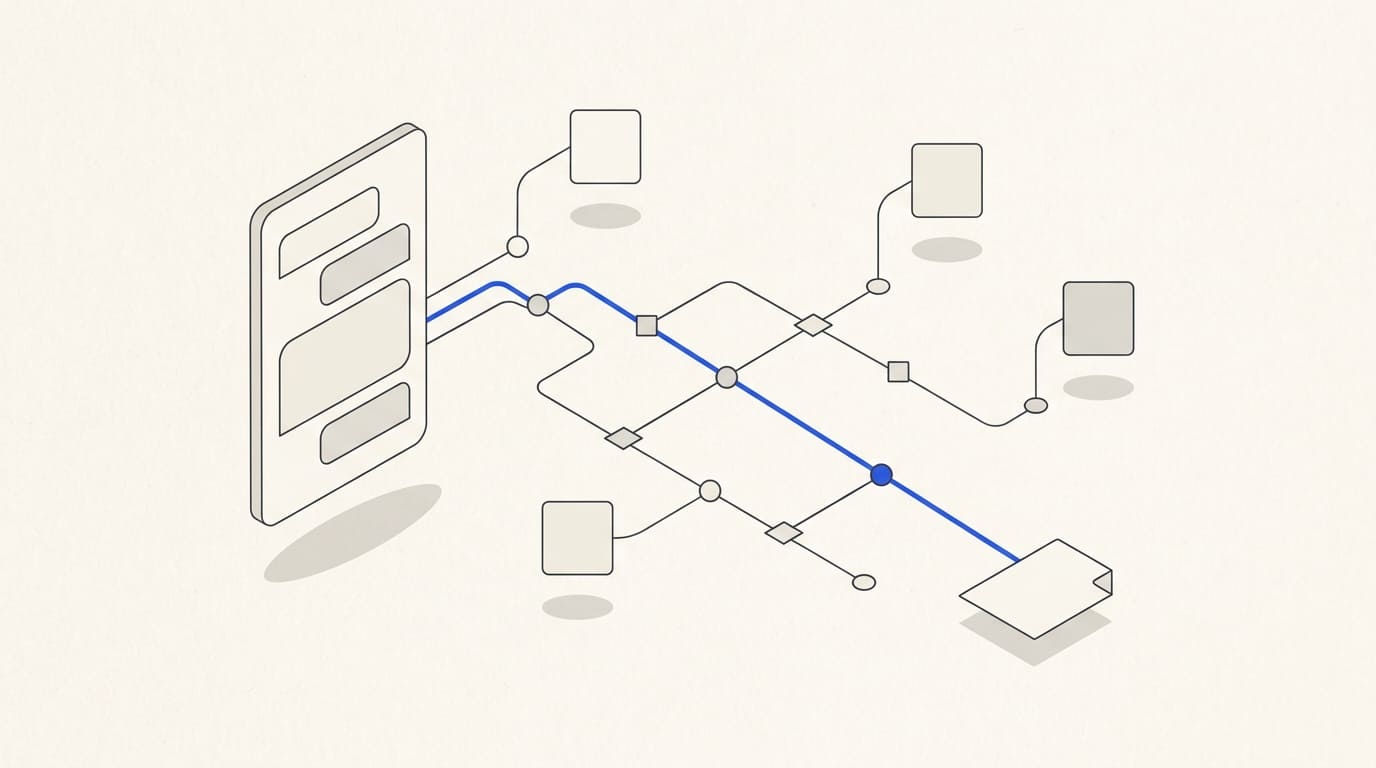 A bot linked to a testing loop, connector, merging events, key and inspection sheet.