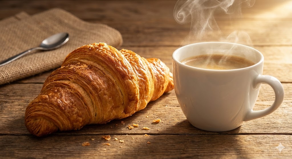 Золотистый свежеиспеченный круассан из слоеного теста и чашка кофе на столе в честь Международного дня круассана.