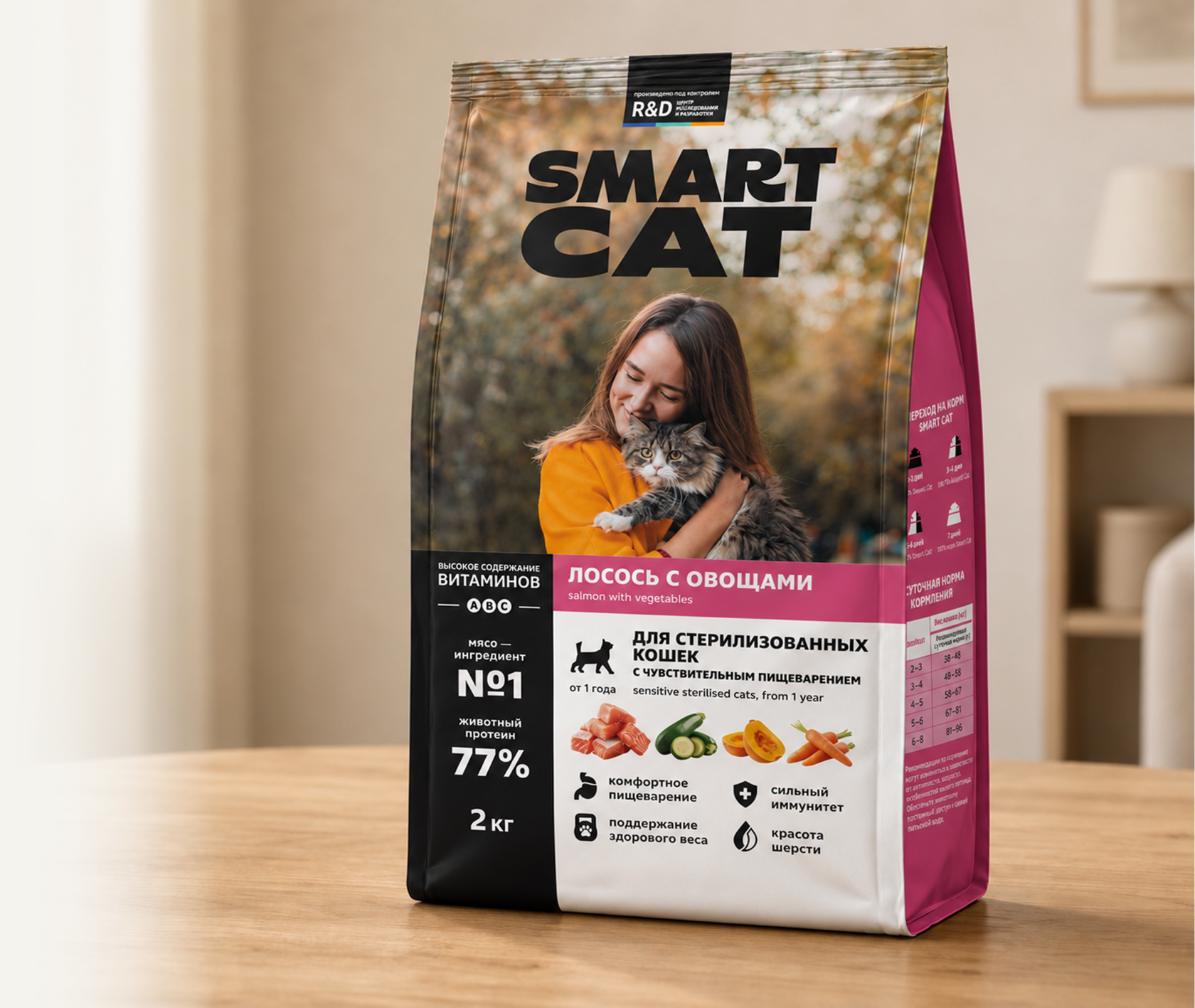 Пачка корма Smart Cat для стерилизованных кошек с чувствительным пищеварением, с лососем и овощами