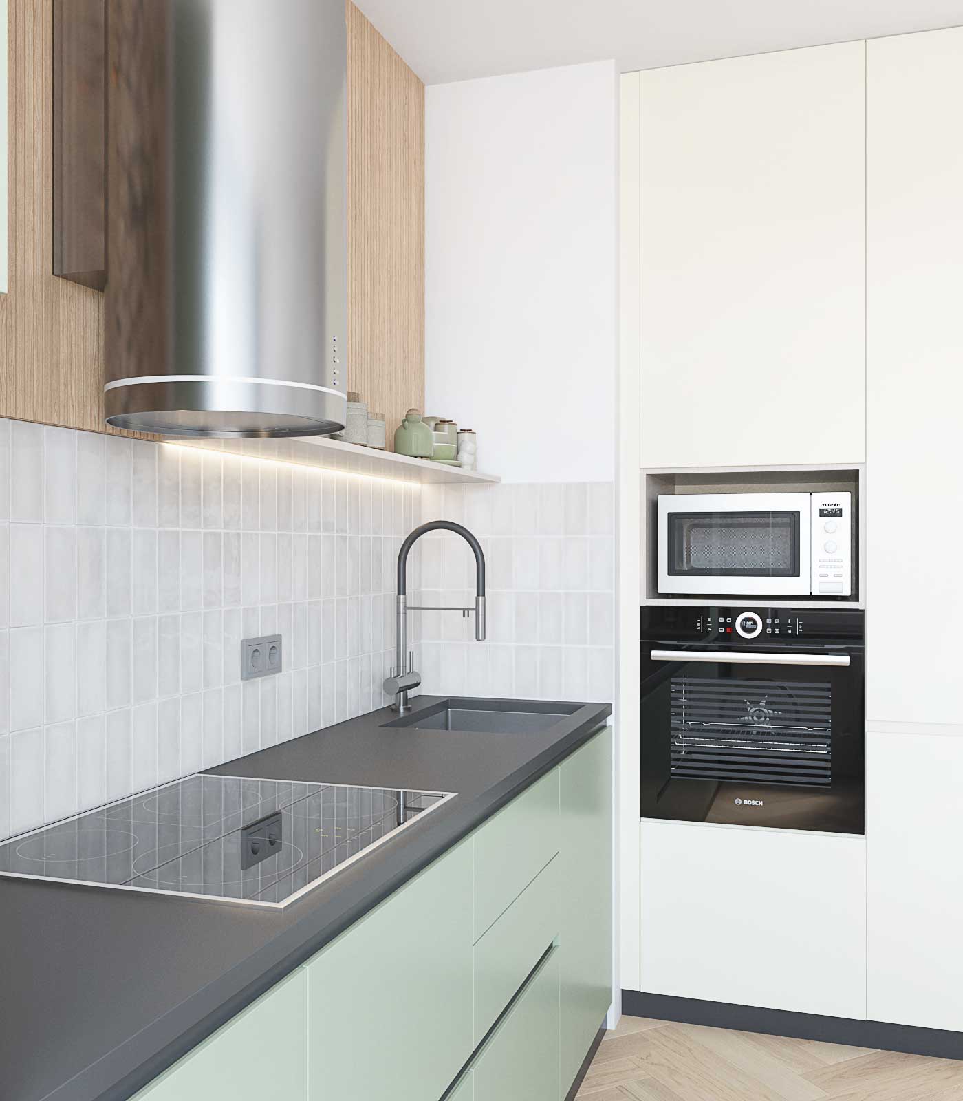 Кухня мятного цвета. Черная столешница, белая плитка над столешницей. деревянные панели. вытяжка цилиндр. Белая колонна 