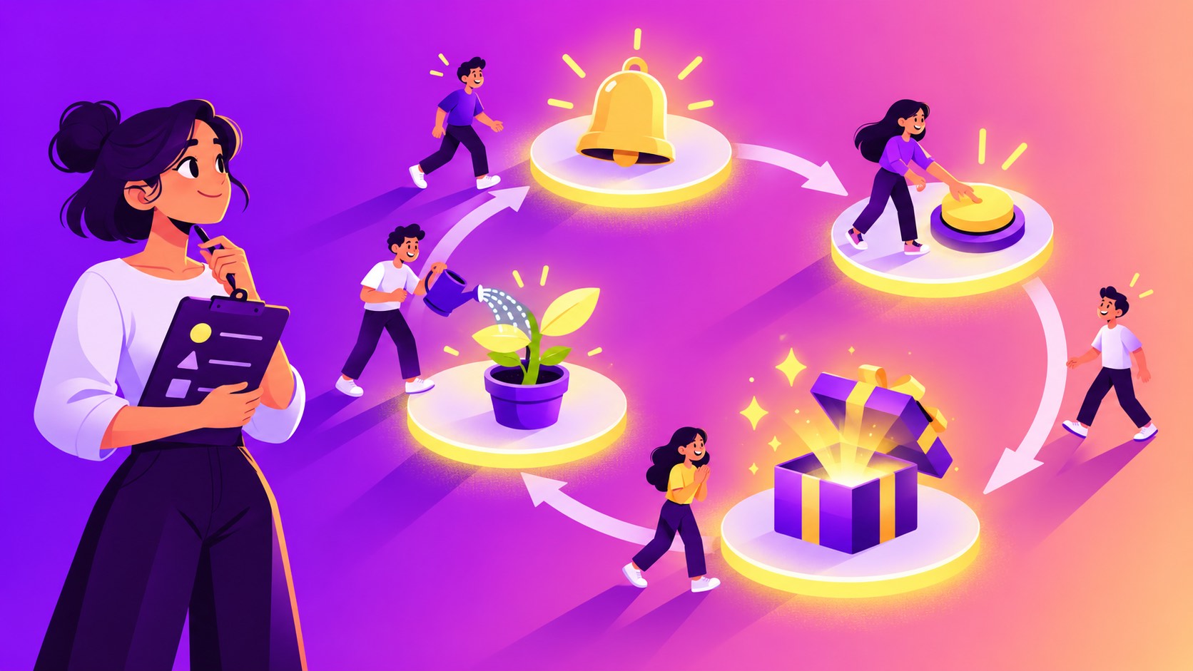 Hooked summary illustration: a founder with a clipboard watches users move around a four-step loop of a bell trigger, a button action, a surprise gift reward and a plant they water as their investment