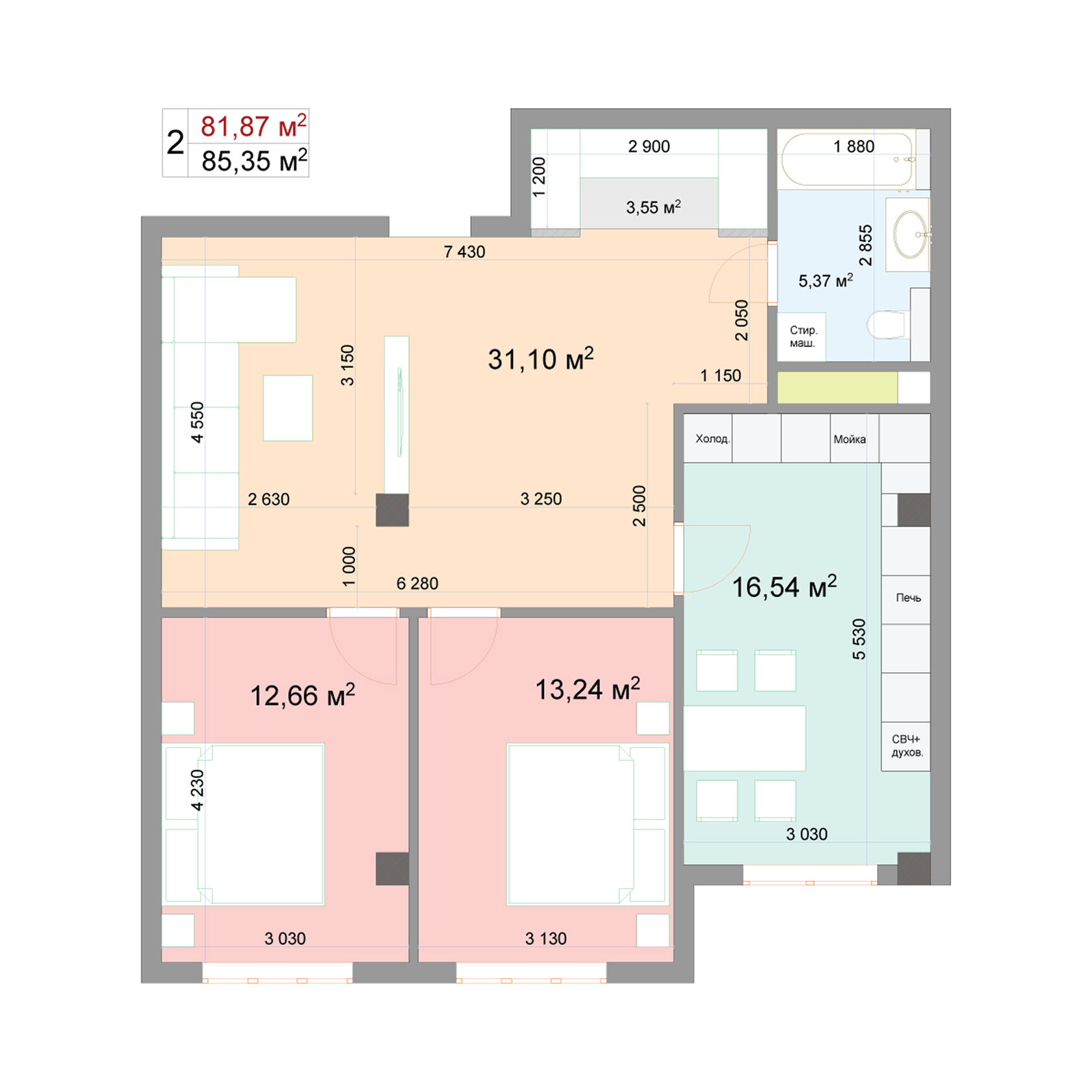 ЖК «Наследие» Нальчик, планировка квартира 85,35 м²