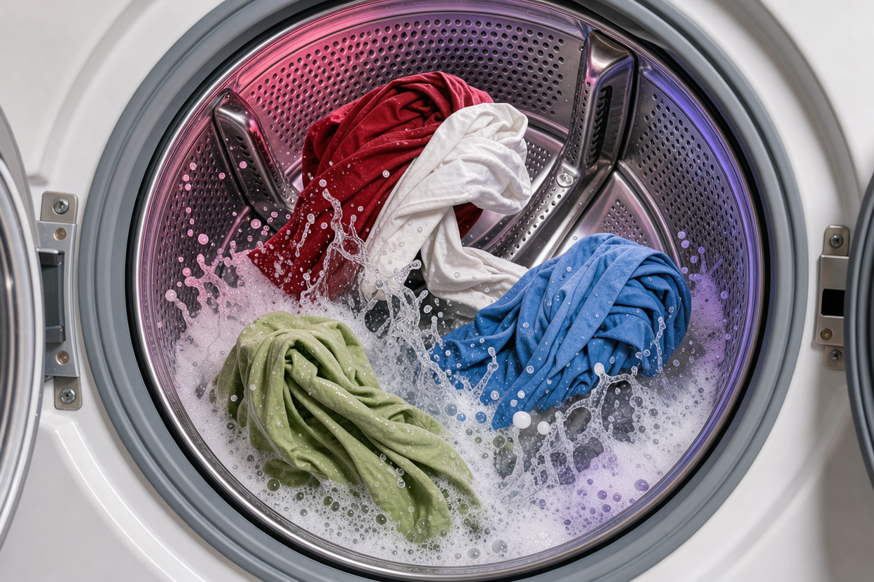 Top-down view of a washing machine drum during a wash cycle showing clothes being lifted by drum ribs and water splashing inside