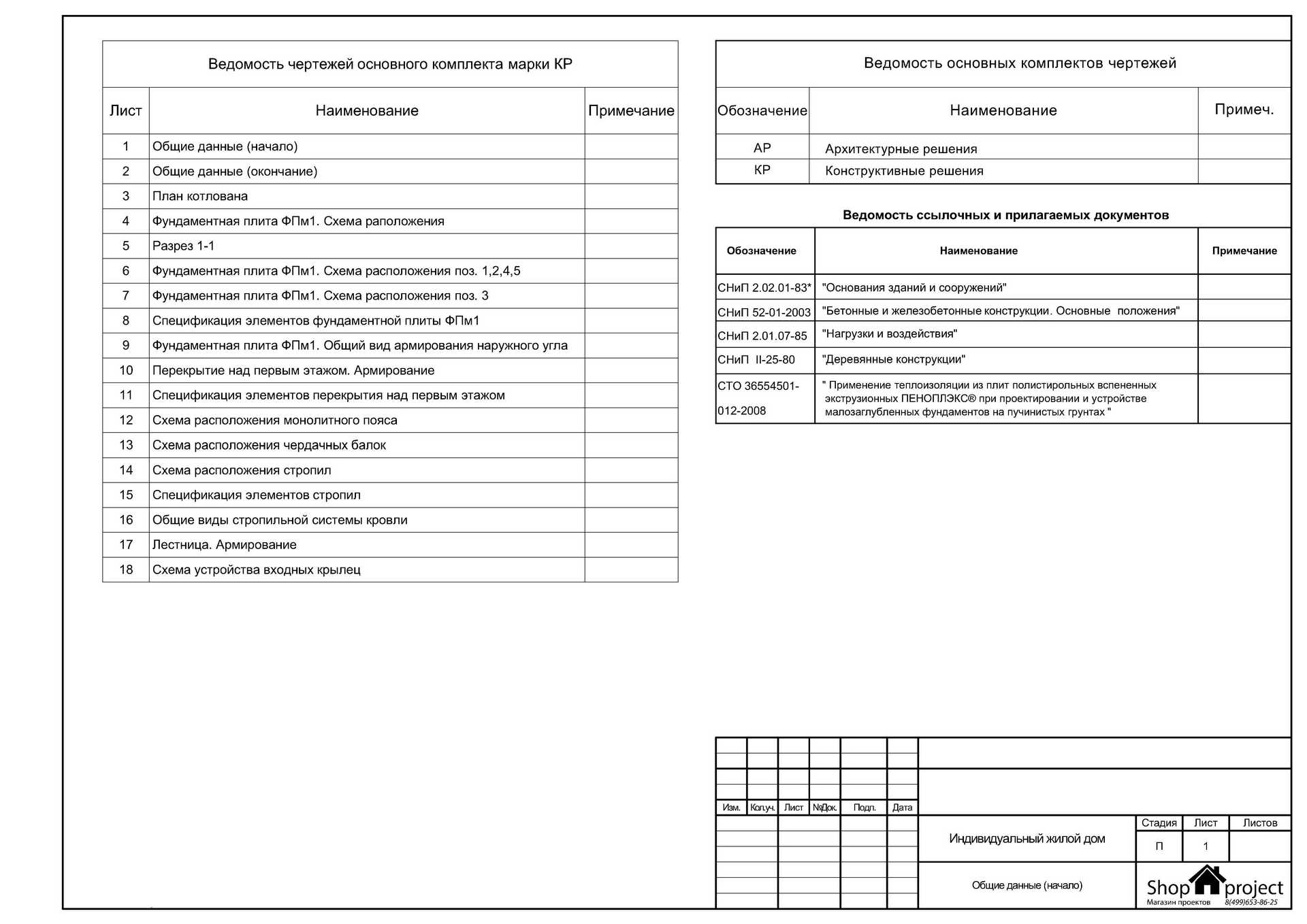 Ведомость чертежей размеры