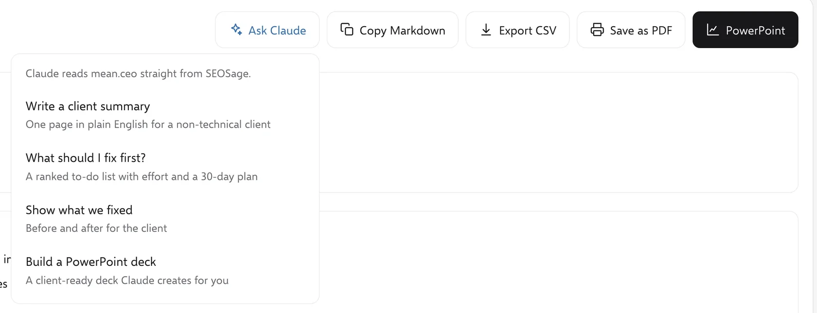 SEOSage Ask Claude menu on the Reports page with four ready tasks for a white label SEO audit