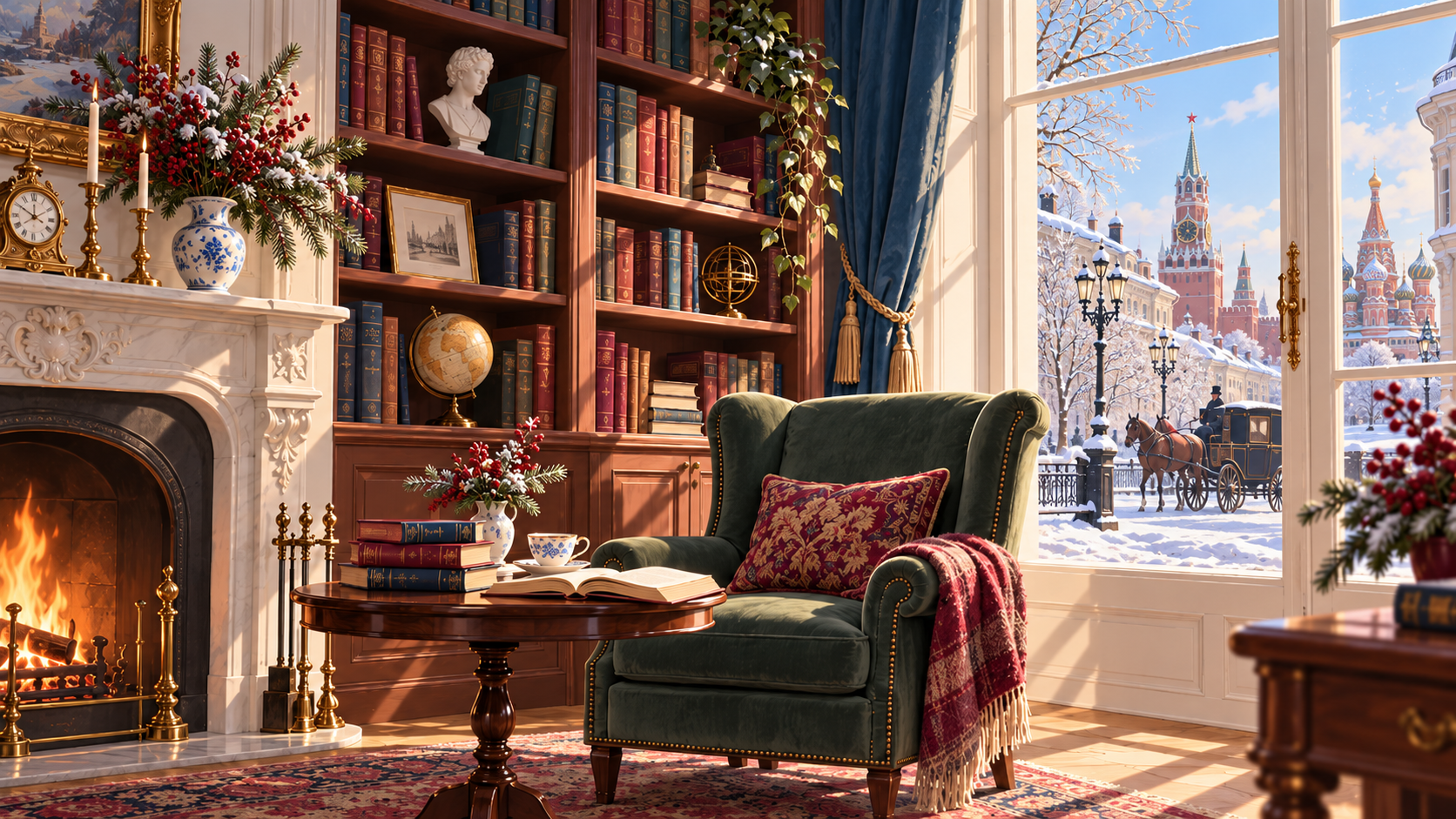 A cozy nineteenth-century library with a fireplace and armchair, overlooking a snowy Moscow street with a horse-drawn carriage
