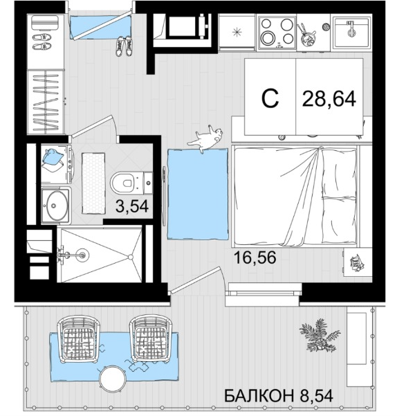 Планировка студия 28,64 м²