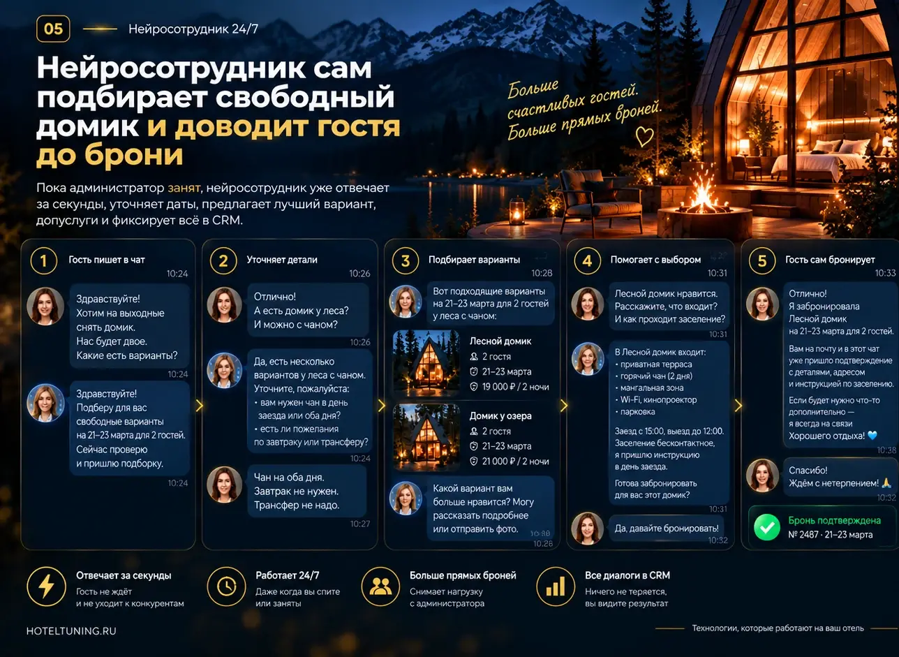 Нейросотрудник отеля ведёт гостя от первого сообщения до бронирования