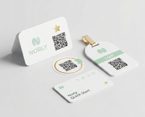 Norly Starter Kit with table QR displays, staff badges and stickers