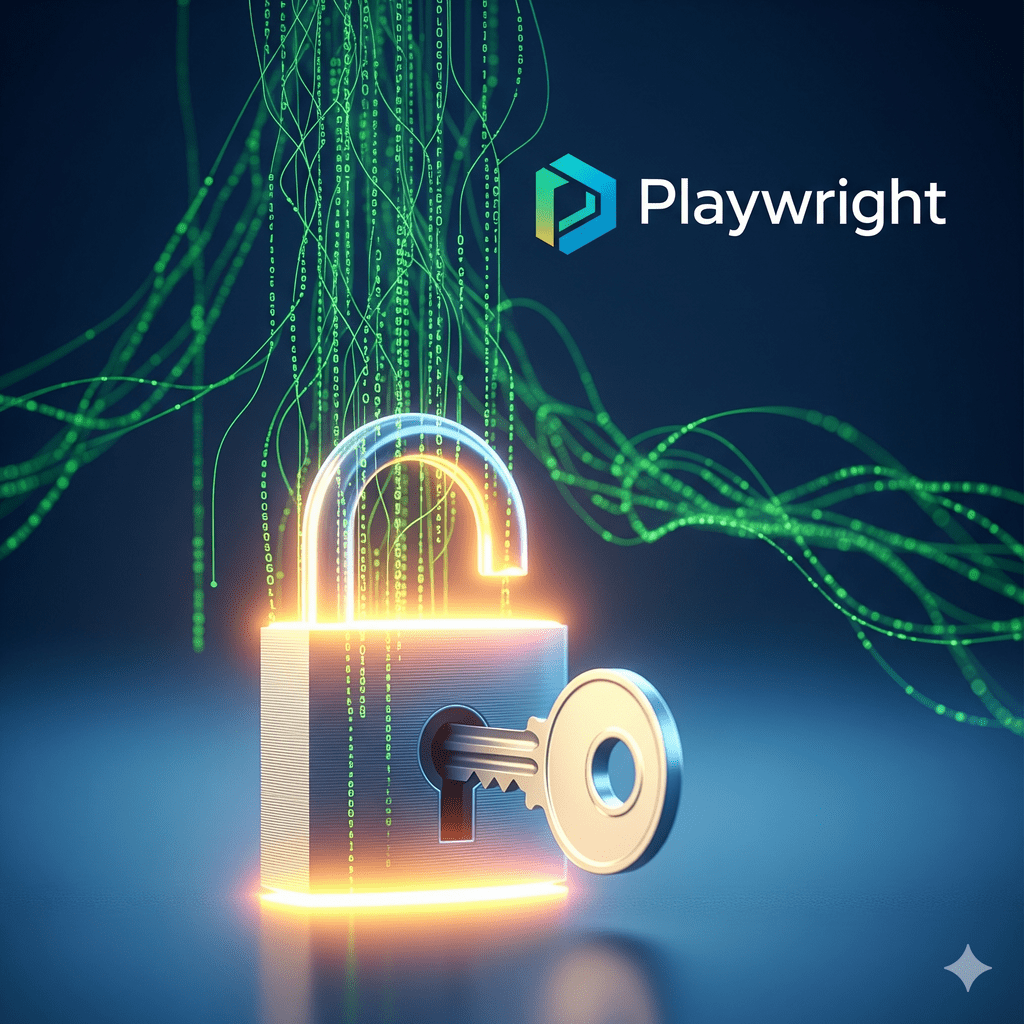 Логотип playwright c замком-секретом для блога Pingera