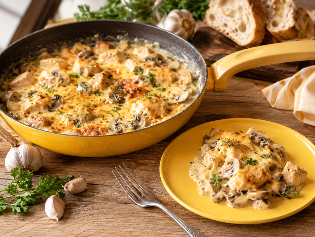 Готовый жюльен из курицы и шампиньонов на сковороде, посыпанный тёртым сыром и зеленью.