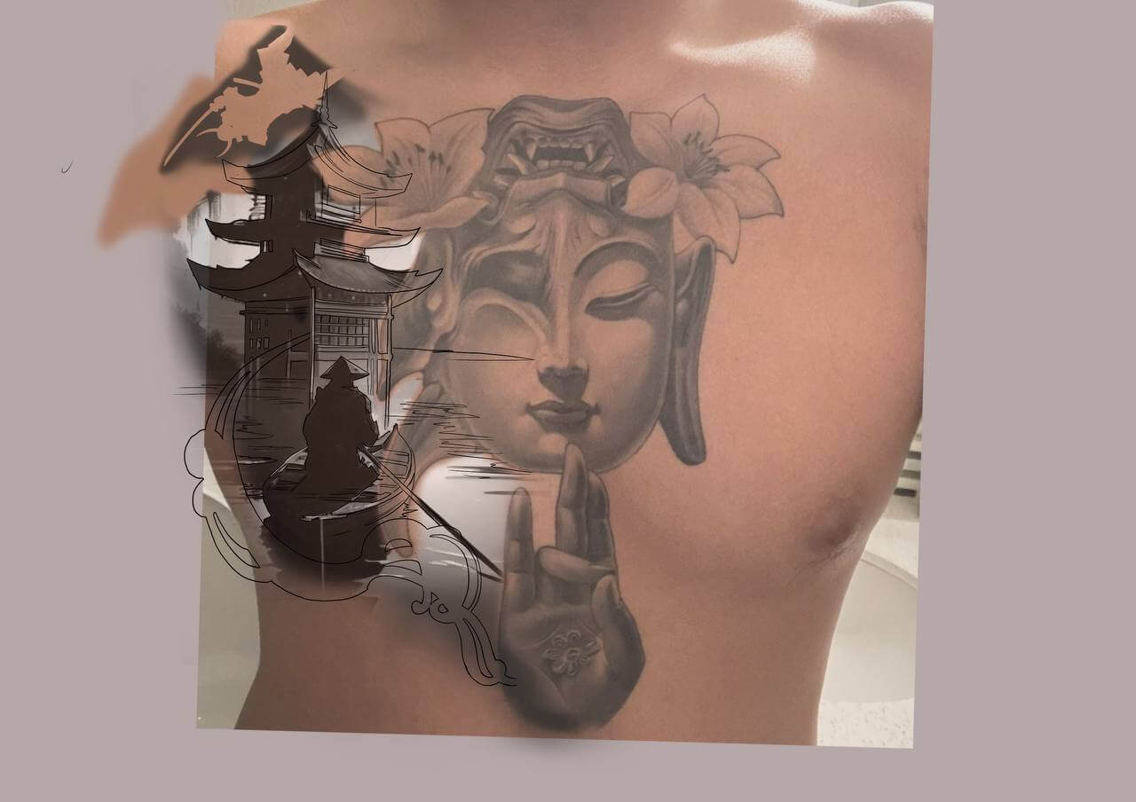 Black and white Asian-inspired chest tattoo design featuring Buddha, lotuses, a Japanese pagoda, and a samurai in a boat, Los Angeles
