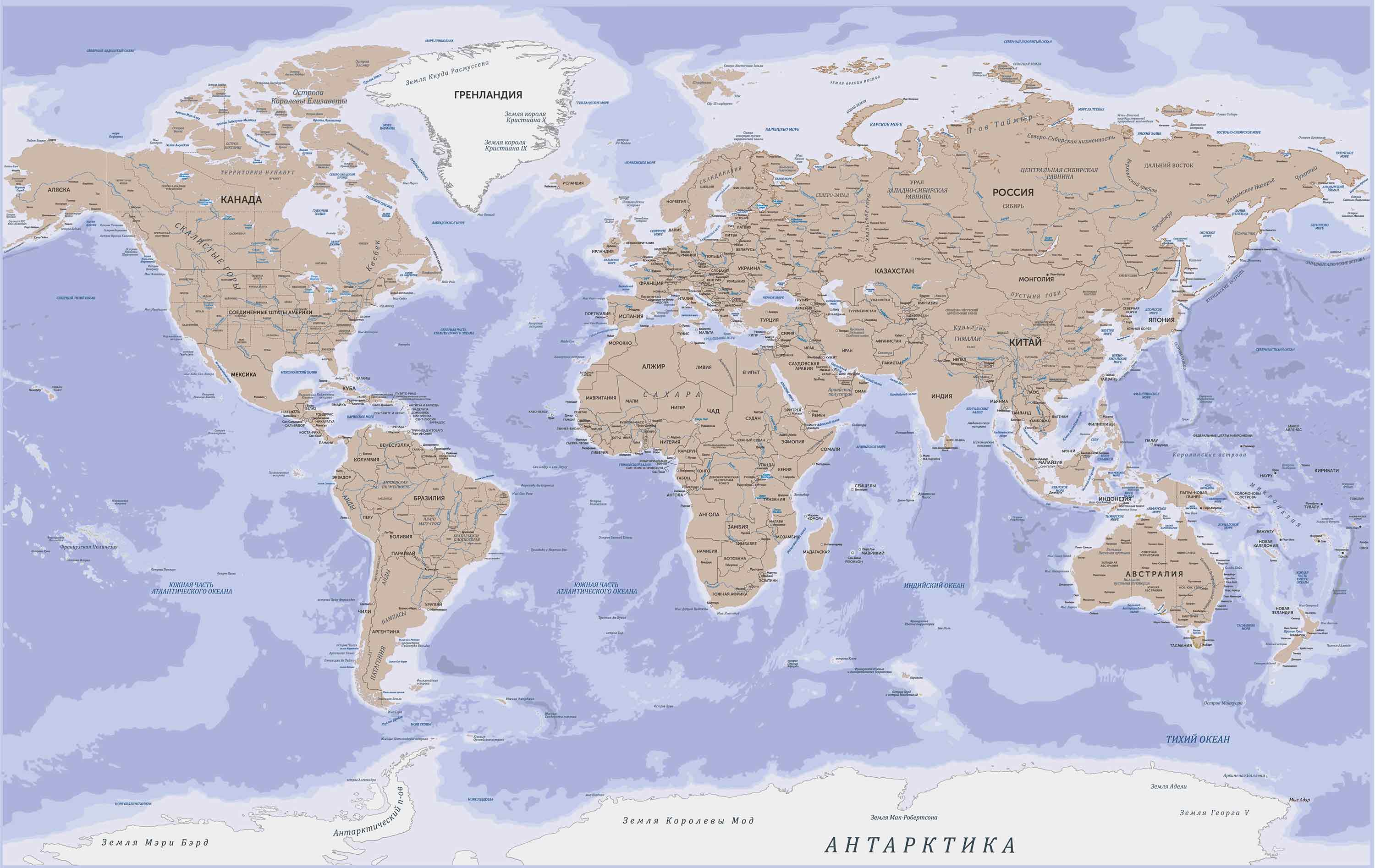 Политическая карта мира крупным планом в хорошем качестве высокого разрешения на русском языке