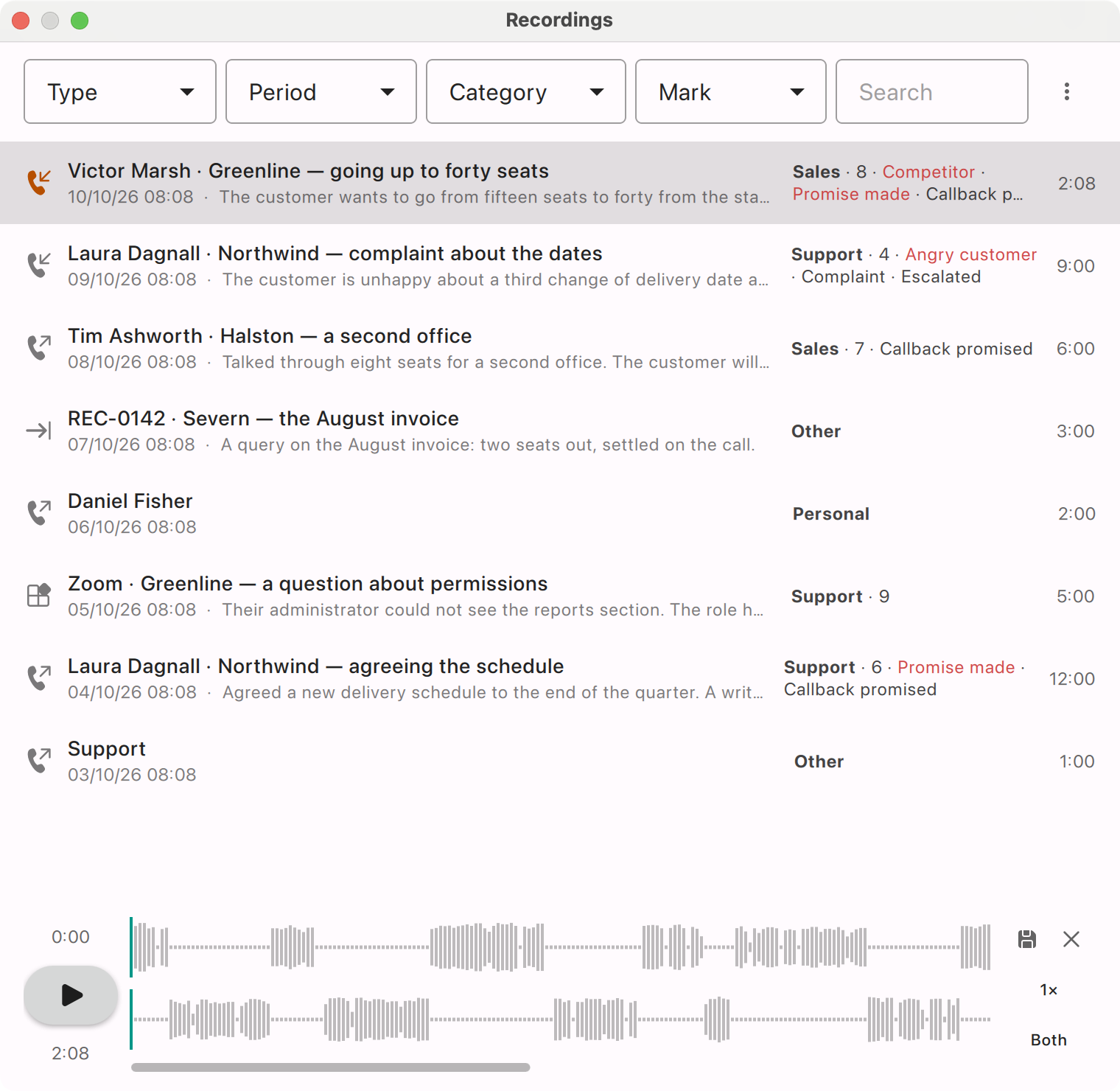 AI Softphone — Keep conversations together with their summaries and two-channel audio.