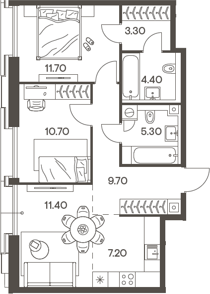 3-комн 68,7 м²