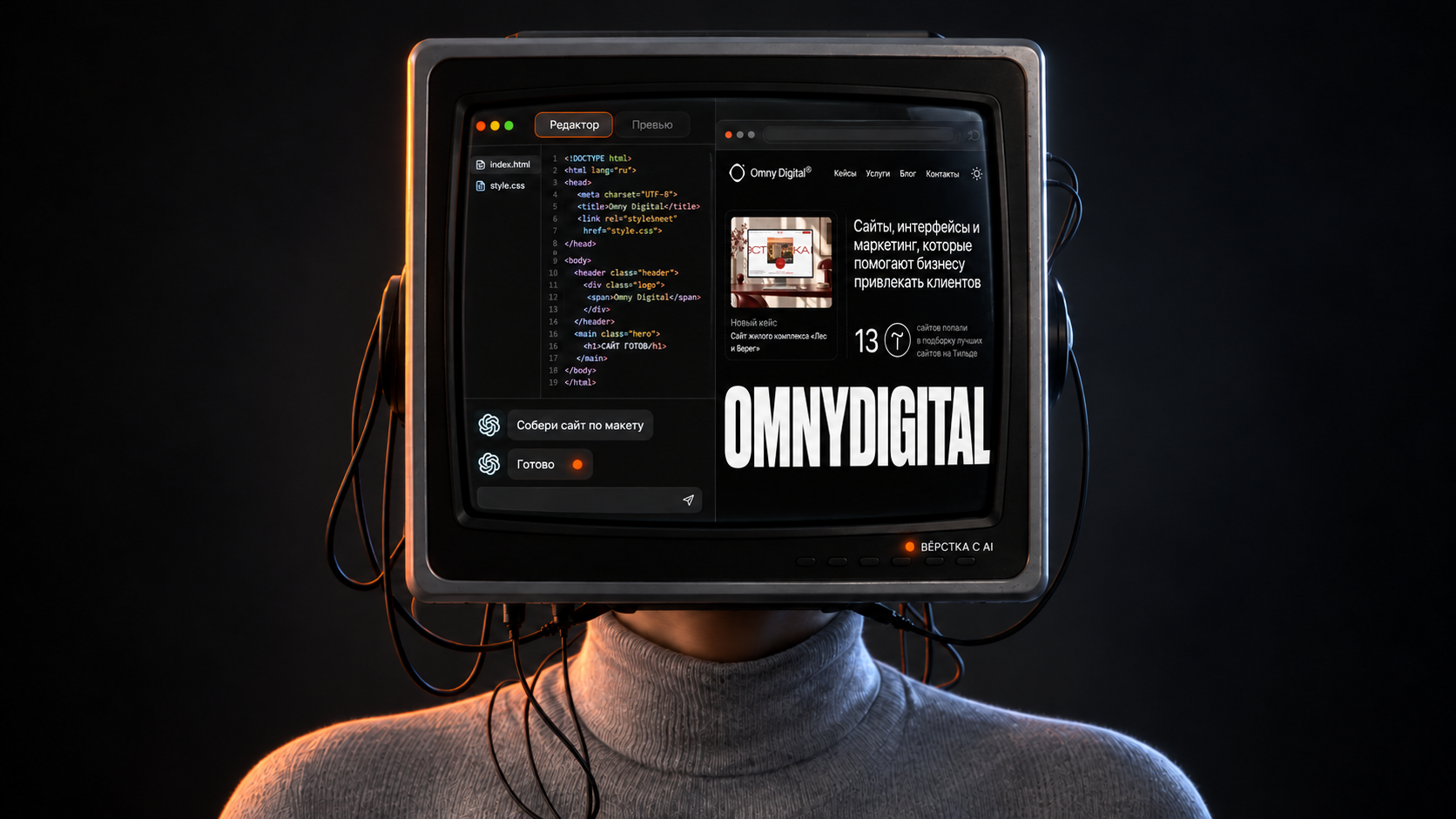 Человек с телевизором вместо головы и сайтом Omny Studio на экране