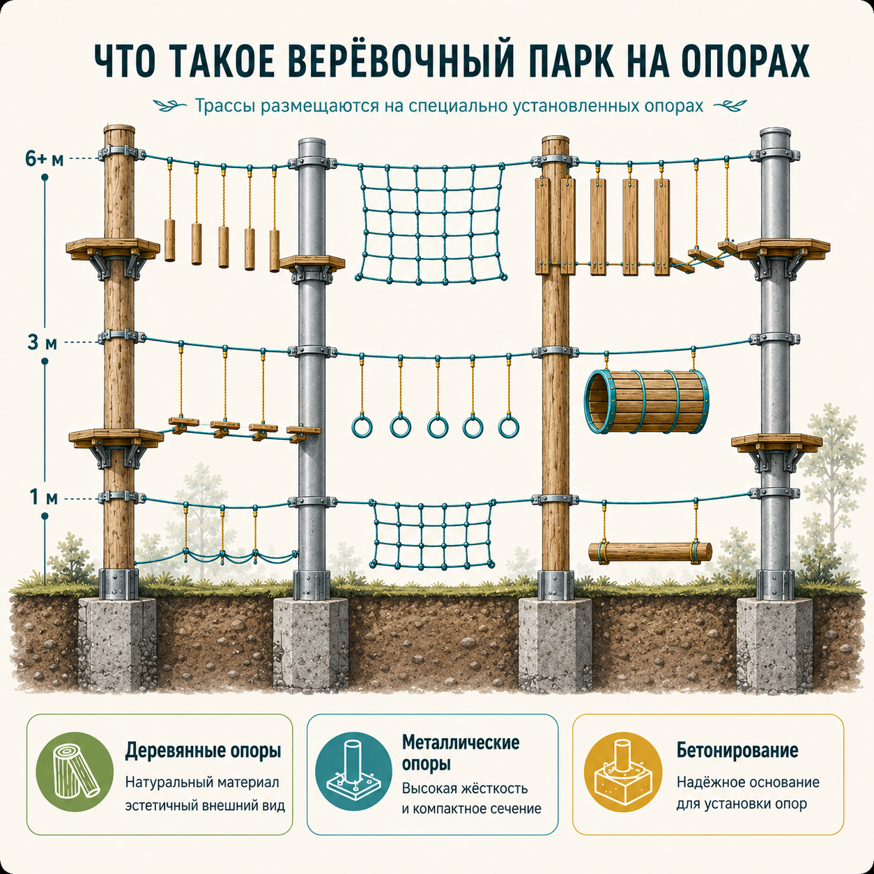 Верёвочный парк на деревянных и металлических опорах Тайпарк