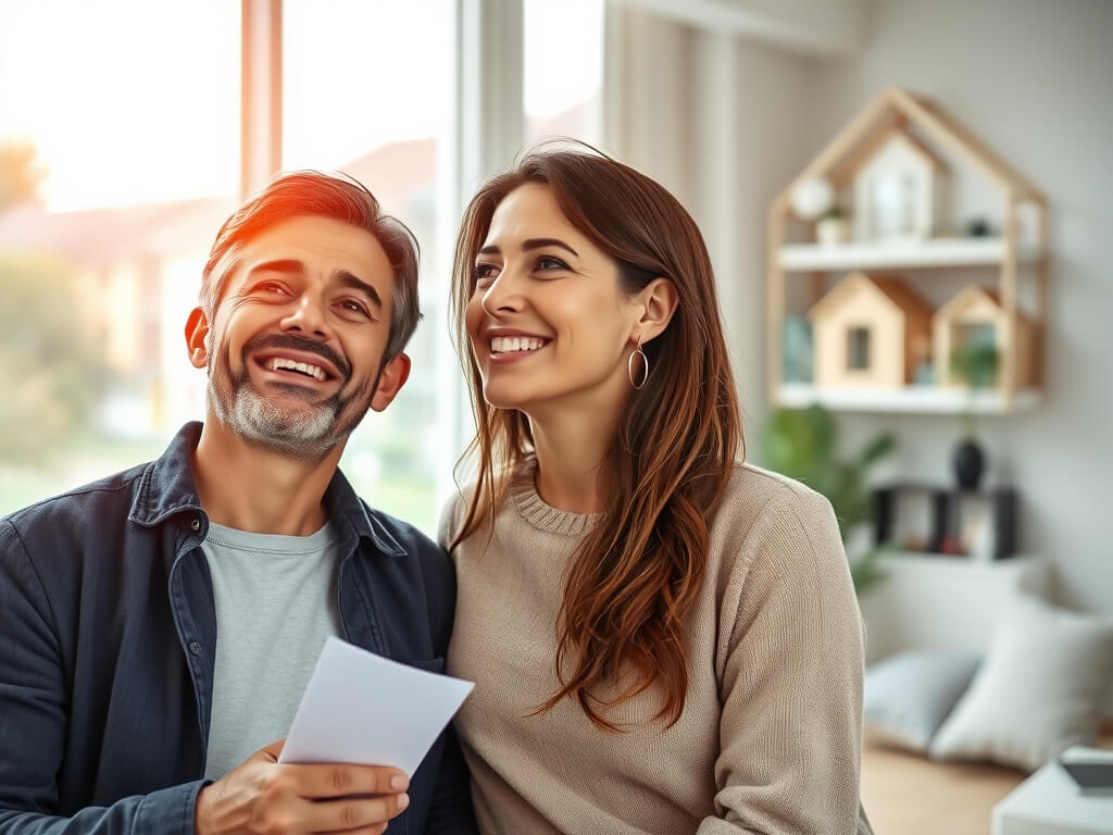A happy couple looking with hope at their future home, symbolizing affordable housing in France